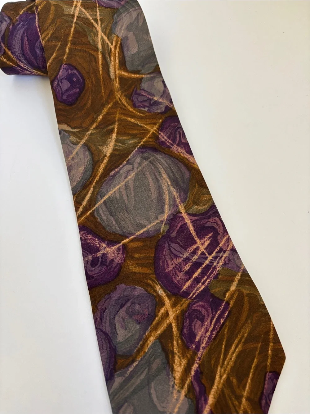 Vintage Galimberti Made In Italy Silk Neck Tie Brown Purple Abstract